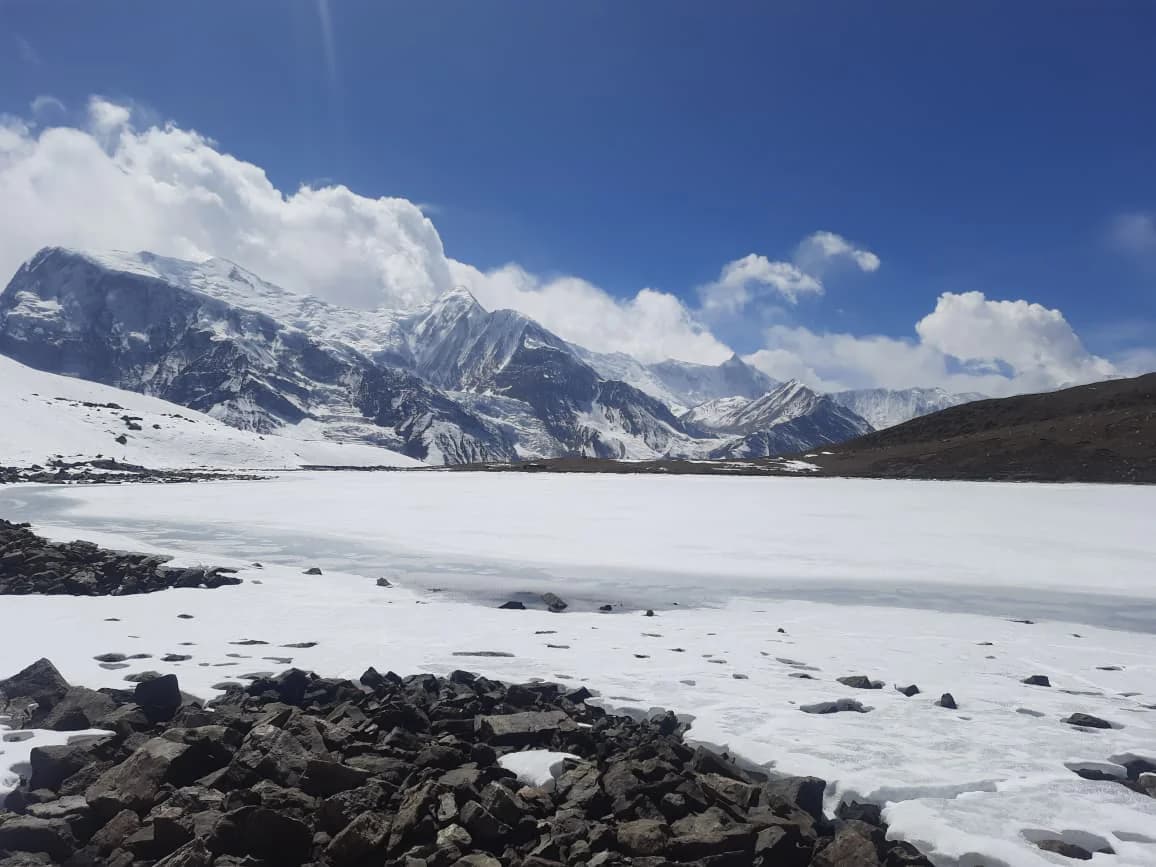 A frozen high-altitude lake below snow-covered peaks